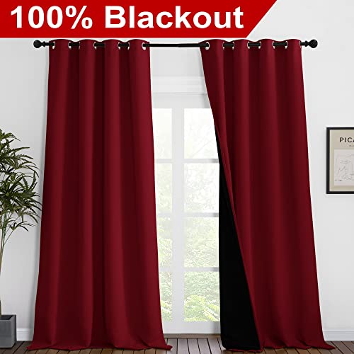 Image of NICETOWN Truly Blackout Drapes for Living Room, Heavy-Duty Full Light Shading Curtain Set with Black Liner Backing for Villa /Hall /Dorm Window（Burgundy Red, Set of 2, 55 inches Wide x 96 inches Long