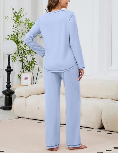 Image of KCW Womens Pajamas Sets 100% Cotton 2 Piece Lounge Set Long Sleeve Tops and Pants Soft Pjs Sleepwear with Pockets