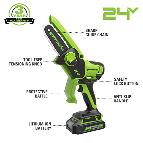 Greenworks 24V Mini Chainsaw 4 Inch (10cm) Cordless Battery Powered Chainsaw Without Battery & Charger,7.8m/s Chain Speed Electric Chainsaw for Tree Branches, Garden Cutting, Courtyard & Household