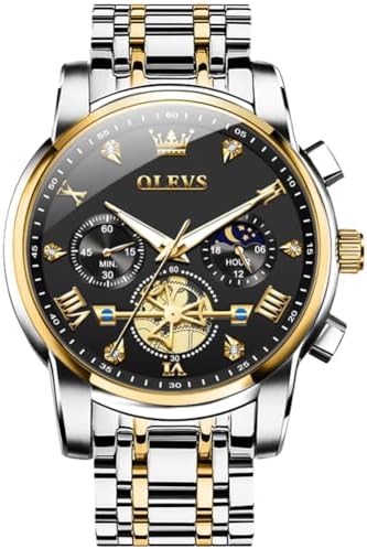 OLEVS Watch for Men Stainless Steel Chronograph Big Face Easy to Read Analog Quartz Watches Luxury Waterproof Date Diamond Roman Arabic Numerals Dial Dress Wrist Watches Two Tone and Black Dial