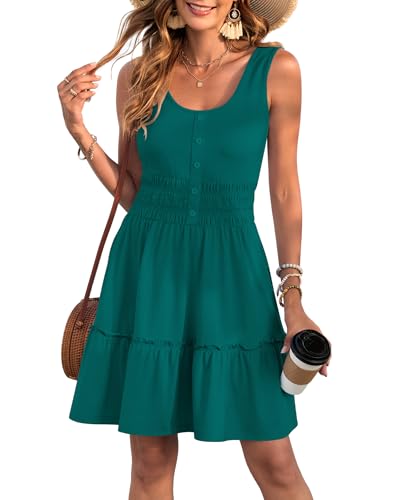 Image of AUSELILY Women Summer Dress Sleeveless Tank Button Down Dresses | Tank button down dress, Empire waist smocked, Casual beach vacation summer dresses with pockets