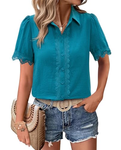 Image of siliteelon Womens Short Sleeve Button Down Shirt Lace Blouses