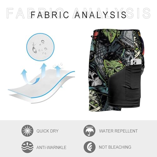 Mens Swim Trunks with Compression Liner, Halloween Horror Printed Board Shorts3
