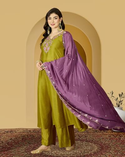 Image of Amazon Brand - Tavasya Women Cotton Blend Zari Sequin Thread EmbroideKurta Set with Palazzo and Dupatta for Daywear
