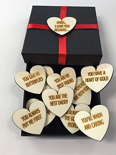 Acrylics I Love You Because. Personalised Wooden Hearts With 10 Messages Of Your Choice (Red Ribbon)