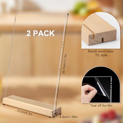Samamoca 2er Set Ständer A4 Tafelhalter mit Holzfuß Tischständer A4 Acryl Tischständer mit Holzfuß Acryl Tischplattenhalter (L&T Form - 2 Möglichkeiten)