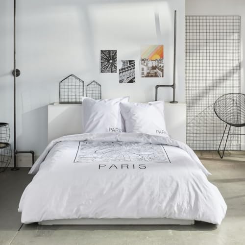Today Parure de lit 2 Personnes 220x240cm + 2 taies oreillers 63x63 cm imprimée Java 1,3, Paris Blanc