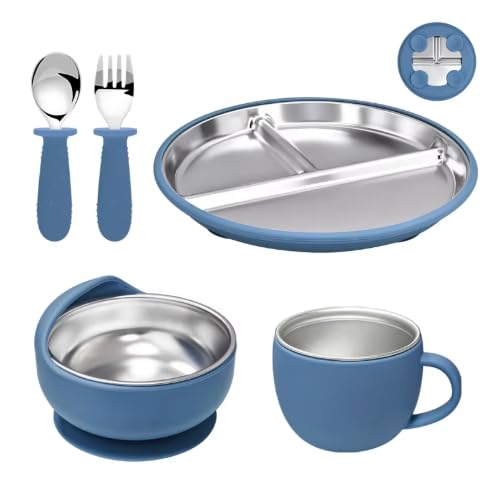 Baby Esslern Set aus Silikon & Edelstahl 304 | BPA-frei | Teller, Schüssel, Becher, Löffel & Gabel | Herausnehmbarer Edelstahleinsatz (Blau)