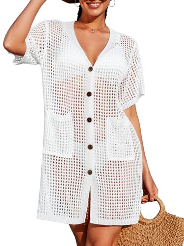 SOCIALA Swimsuit Cover up Women Button down Crochet Beach Dress Side Split Swim Bathing Suit Coverups Pocket Swimwear