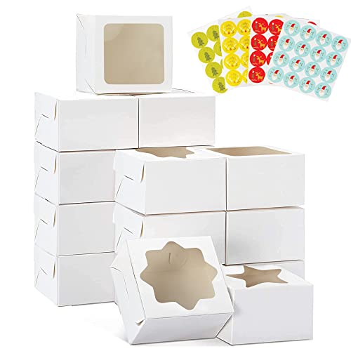 Uptotop 24 Pcs Bakery Boxes, Kraft Treat Cookie Box With 4 Different Design Window, Bakery Pastry Boxes With Stickers For Pastries, Cupcakes, Brownies, Donuts, 6" X 6" X 2.8", White #TOP18