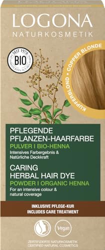 LOGONA Naturkosmetik Pflegende pflanzliche Haarfarbe, Veganes Haarfarbe-Pulver mit Bio-Henna für intensive Farbe und Glanz, Pflanzenhaarfarbe in Kupferblond (Blond), 1 x 100g