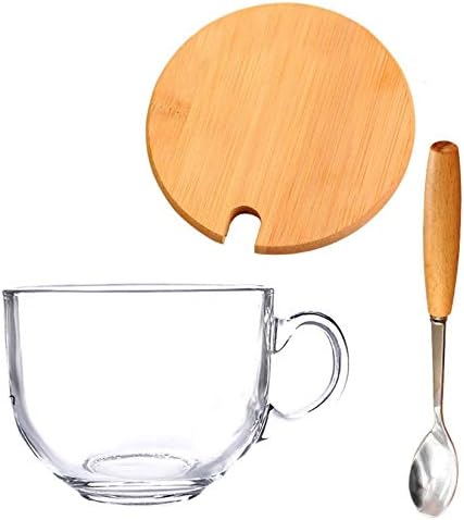 Large Soup Mug with Handles, Transparent Glass Coffee Cup Soup Bowls with Lid & Spoons Breakfast Cup for Oatmeal Salad Dessert Milk, Microwave and Dishwasher Safe-C-450ml/15.2oz