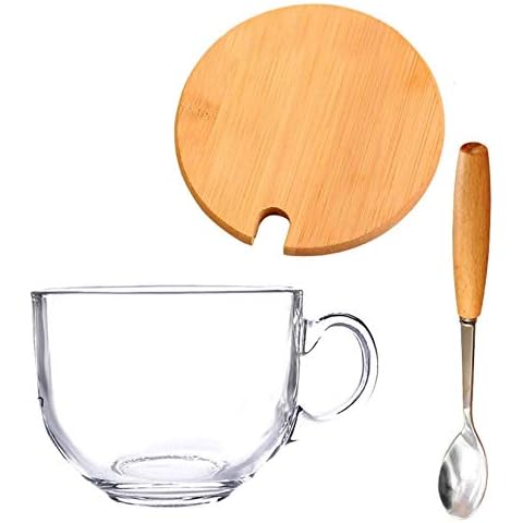 Large Soup Mug with Handles, Transparent Glass Coffee Cup Soup Bowls with Lid & Spoons Breakfast Cup for Oatmeal Salad Dessert Milk, Microwave and Dishwasher Safe-C-450ml/15.2oz Cover