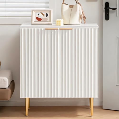 Image of Floated Panel Wooden Sideboard Cabinet | 2 Door Storage Unit with Metal Legs | Premium HDMR Wood Console Cabinet for Living Room, Kitchen & Dining | DIY Leg Assembly (White)