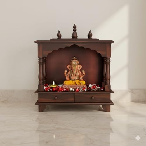 Image of MISAN Wooden Wall Mounted Temple, Traditional Indian Style, Sheesham Wood,Sheesham Wood Pooja Mandir for Home (Walnut)