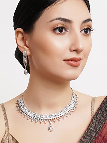 Image of Karatcart Silver Toned American Diamond Studded Jewellery Set for Women