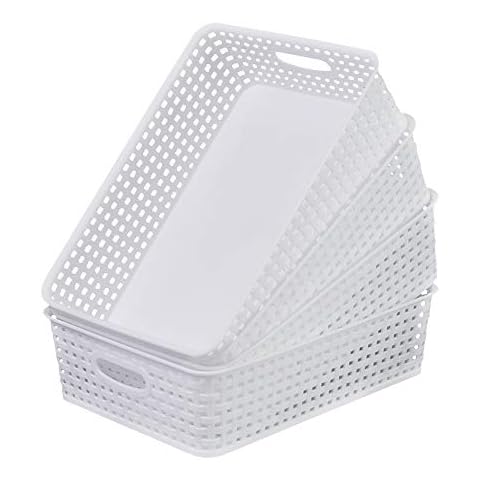 AnnkkyUS 4-Pack White Plastic Basket Trays, Shallow Paper Storage Baskets Cover