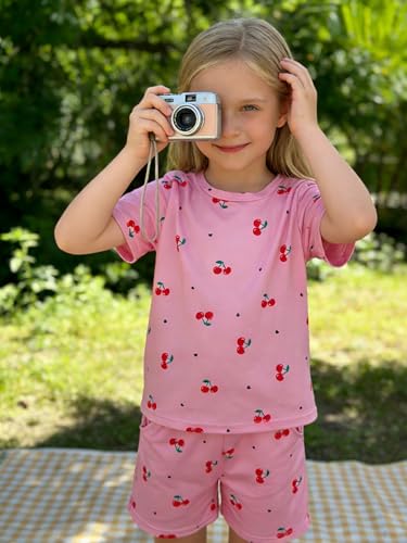 Image of KIDLAGA Girls Two Piece Sets Cherry Pattern Short Sleeve Shirts and Shorts Set With Pockets Girls Summer Outfits Size 7-14