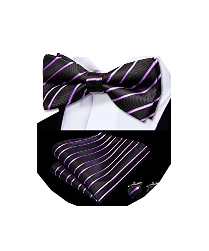 Dubulle Black And Purple Striped Bowties Set For Men Silk Woven Mens Purple Pretied Bowtie Handkerchief Cufflinks Set #TOP19