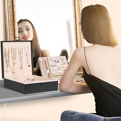 Allinside Spacious Jewellery Box Organizer for Girls Ladies Women, 2 Layers PU Leather Jewellery Display Storage Case with Lock for earrings necklaces, Velvet Lining, Black
