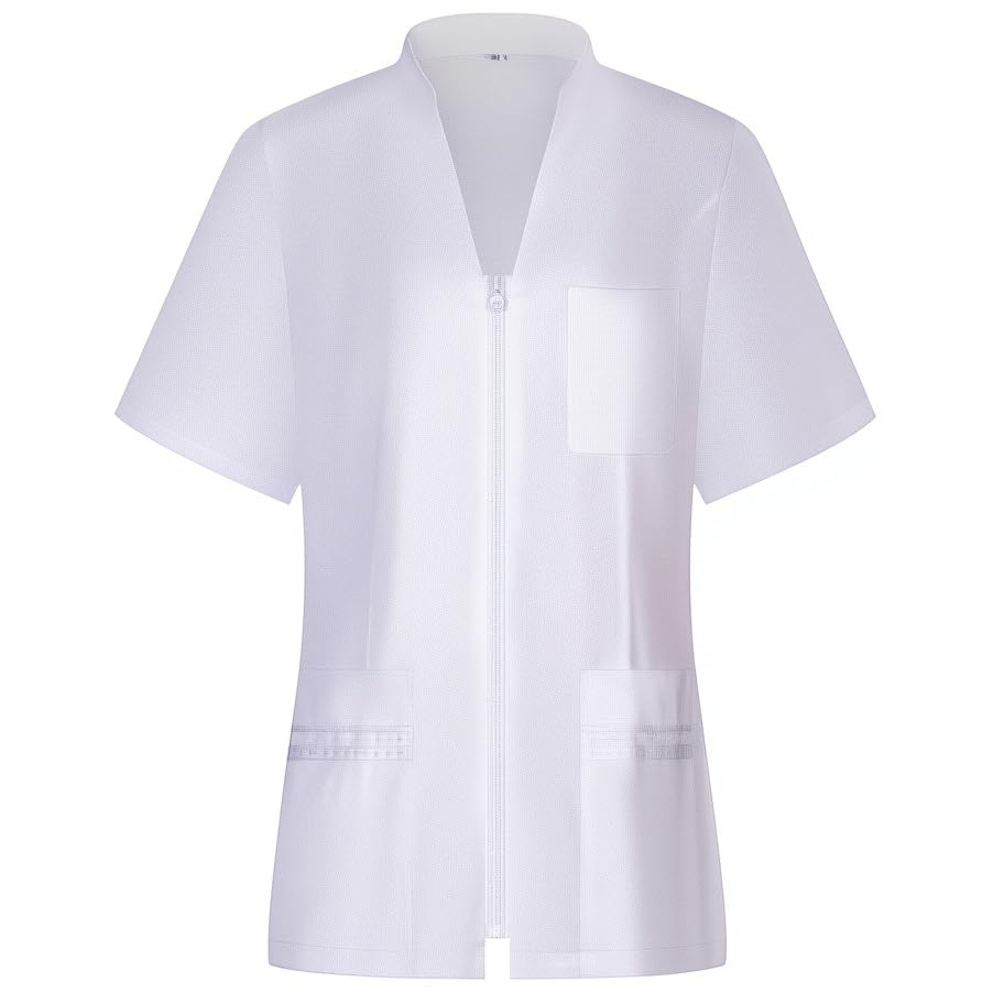 Casaco sanitário mulher fecho fecho de correr central pescoço tesoura manga curta recortada respirável uniforme profissional farmácia clínica conforto - série 702, Branco - 2, M