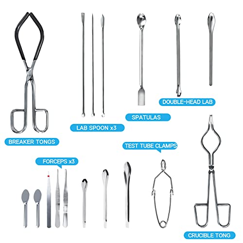 Scientific Lab Tools Pack For Basic Starter, Chemistry Set - Crucible Tongs Lab Spatula Scoop U-Shape Spoon Test Tube Clamps Stainless Steel Forceps Tweezers #TOP2