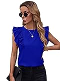 Milumia Women Elegant Ruffle Trim Butterfly Sleeve Blouse Round Neck Work Shirt Top, Royal Blue, Large