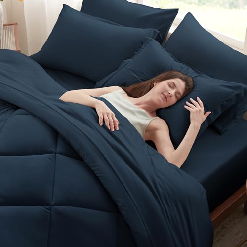 Anluoer Twin Comforter Set,Navy Blue Bed in a Bag 5 Piece,Lightweight Bedding Set with Soft Down Alternative Fill,Bed Set Includes Comforter, Fitted Sheet, Flat Sheet,Pillowcase and Sham