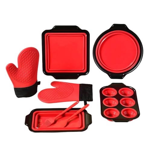 8 Piece Silicone Bakeware Set - Stackable Non Stick Baking Molds, Oven & Dishwasher Safe with Mitts Brush Scraper | Muffin Pan S