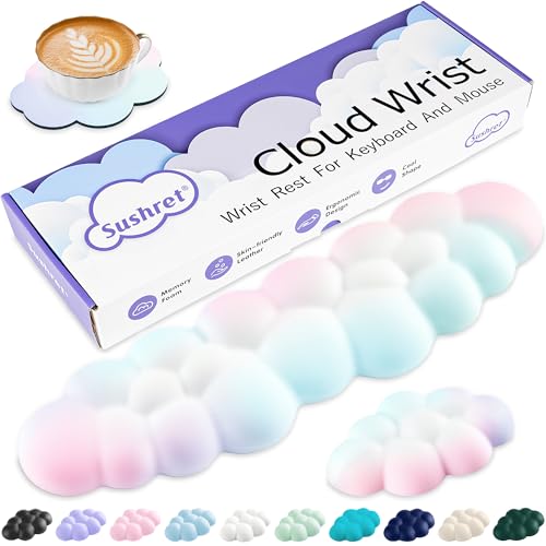 Image of Sushret Cloud Wrist Rest Keyboard, Cloud Keyboard Wrist Pad Set with PU Leather Memory Foam, Cute Arm Rest for Palm Support, PC /Gaming Desk Accessories /Office Setup /Computer Hand Cushion - Rainbow