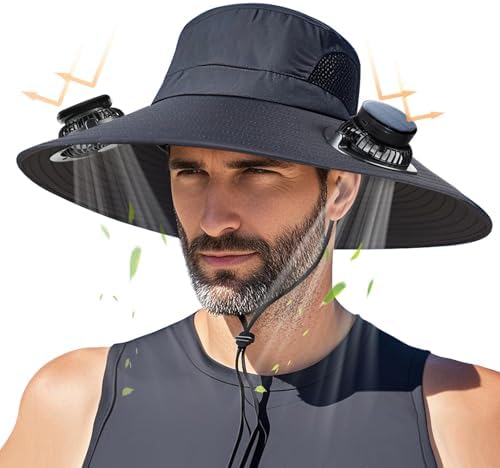 Solar Fan Hat, Outdoor Wide Brim Sun Hat for Men Women UPF 50+ Bucket Hat Hands-Free Cooling for Fishing Hiking Gardening