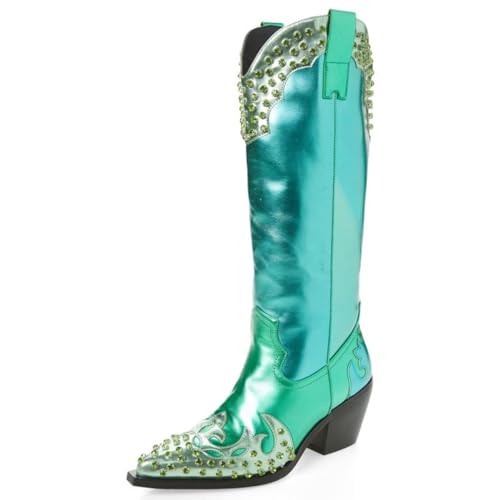 FSJ Women Cowboy Boots Almond Toe Low Heel Pull On Westerm Fashion Colorful Metallic Cowgirl Knee High Boots Stretch Ladies Shoes Size 4-16 US