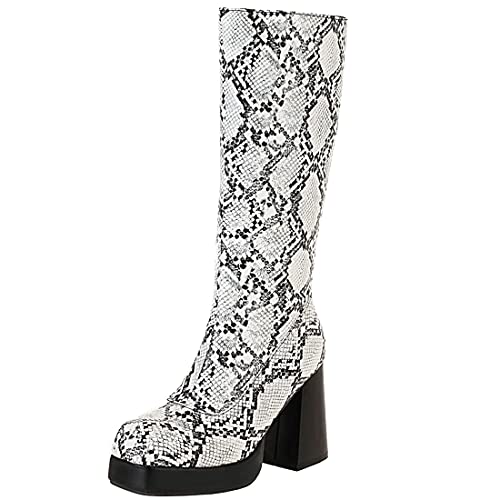 Agodor Women's Snakeskin Knee High Boots Chunky High Heel Platform Animal Print Boots