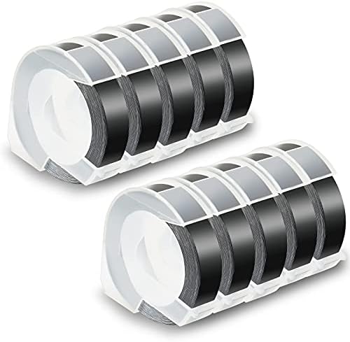 Pristar Replacement 3D Plastic 9mm Embossing Tapes 3/8'' x 9.8' Compatible for Dymo Embossing Label Maker Organizer Xpress 12965, Xpress Pro 12966, Office Mate II 154000, White Print on Black, 10-Pack