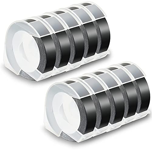Pristar Replacement 3D Plastic 9mm Embossing Tapes 3/8'' x 9.8' Compatible for Dymo Embossing Label Maker Organizer Xpress 12965, Xpress Pro 12966, Office Mate II 154000, White Print on Black, 10-Pack