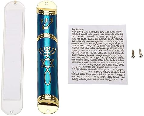 BRTAGG Mezuzah Case with Double Sided Tape, 14cm Tall, Blue & Gold, Easy Peel and Stick Mezuzah Cover (for 10cm Scroll)