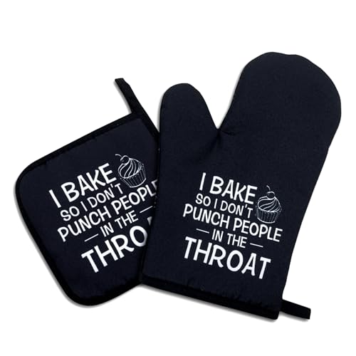 I Bake So I Don't Punch People in The Throat,Funny Oven Mitts and Pot Holders Sets of 2,Silicone Non-Slip Oven Mitts,Kitchen Gift for Women,Bake Lover Gift,Housewarming Gifts