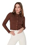 Manga larga Trendyol Cárdigan Regular Liso de Cuello Alto Suéter, marrón, M para Mujer