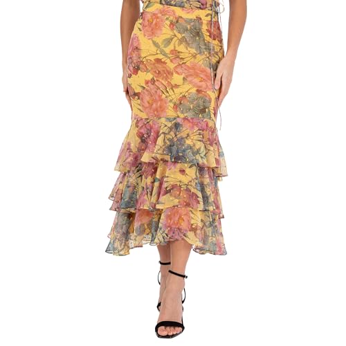 Anaya with Love Women's Midi Dress Ladies Recycled Floral Print Chiffon Metallic Gold Fleck Tiered Ruffle Boho Wedding Guest A-Line, Amarillo 38