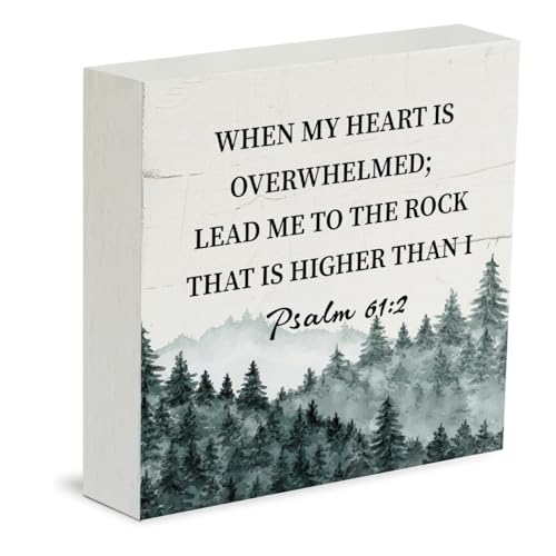 Christian Sign, Rustic Box Sign Decor Tabletop, Home Office Decoration, Bible Verse Decoration, Scripture Table Decor, Spiritual Gifts, Psalm 61:2 - When My Heart is Overwhelmed