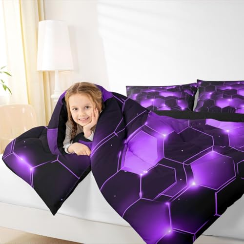 Image of Feelyou Geometrics Honeycomb Comforter Set King Size, Purple Black Beehive Hexagon Comforter for Kids Toddler Geometrical Bedding Set Hexagonal Geometrical Duvet Set Durable Quilt Set King Size
