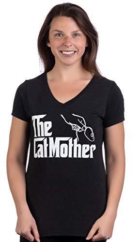 The Catmother | Funny, Cute Cat Mother Mom Owner Pet Kitty Kitten Women V-Neck T-Shirt-(Vneck,S) Vintage Black #TOP1