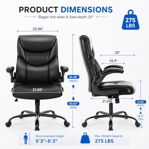 Image of Ergonomic PU Leather Office Chair - Executive Computer Desk Chair with Lumbar Support & Wide Seat, Adjustable Height Task Chair with 360 Swivel & Quiet Wheels for Home Office, Gaming, Black