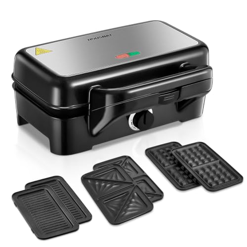HOUSNAT Gaufrier 3 en 1 & Croque Monsieur - 1200W, 5 Vitesses, Noir