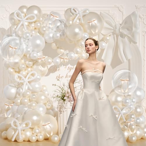 Image of Pearl White Balloon Arch Kit,JOGAMS 178Pcs Bow Balloon Arch Kit with 260 Clear Balloons Beige Ribbon Bow for Coquette Bow Theme Birthday Wedding Baby Shower Bachelorette Bridal Shower