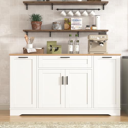 Merax Multi-Functional Kitchen Island Sideboard with Pull-Out Spice Rack – Convertible Dining Table with Storage, Adjustable Shelves & Soft-Close Doors for Kitchen, Dining Room, Living Room, White by Merax - Used condition - US$212.53