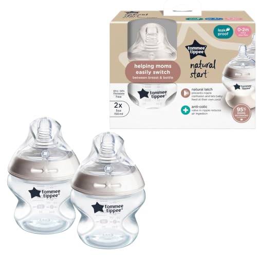 Image of Tommee Tippee Natural Start Baby Bottles, Anti-Colic, 0m+, 5oz | Pack of 2, Slow Flow Breast-Like Nipple, Self-Sterilizing, Seamless Bottle-to-Breast Transition, BPA Free