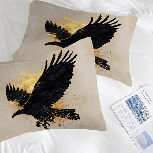 Image of Wildlife Eagle Comforter Set Queen Size Black and Gold Wild Animal Bedding Sets for Kids Teens Boys Men Adults Bedroom Abstract Art Quilt 1 Comforter 2 Pillowcases