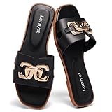 Lurnyet Women's Flat Black Sandals Dressy Summer Comfortable Fashion Leather Slippers Beach Cute Ladies Slides Casual Women's Sandals