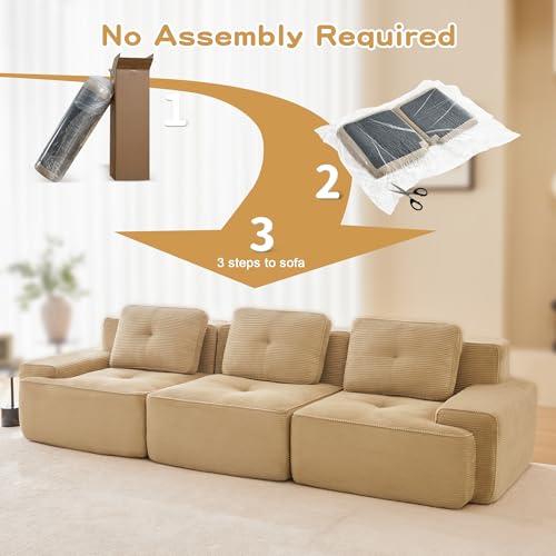 Image of 117 inch Oversized 3 Seater Modular Boneless Couch, Durable Corduroy Fabric, Deep Seat Cloud sectional Sofa with Buckle Connection and Tufted Detail, No Assembly, Anti Slip, Camel